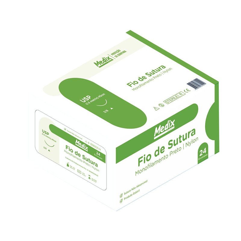 Fio Sutura Nylon 2-0 Com Agulha 3/8 Caixa com 24 - Medix